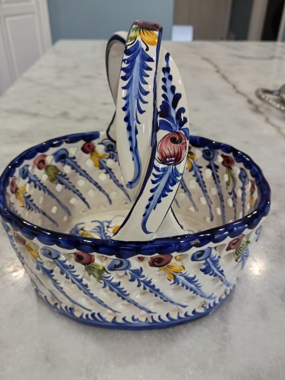 Vintage Hand-Painted Ceramic Basket with Floral Design